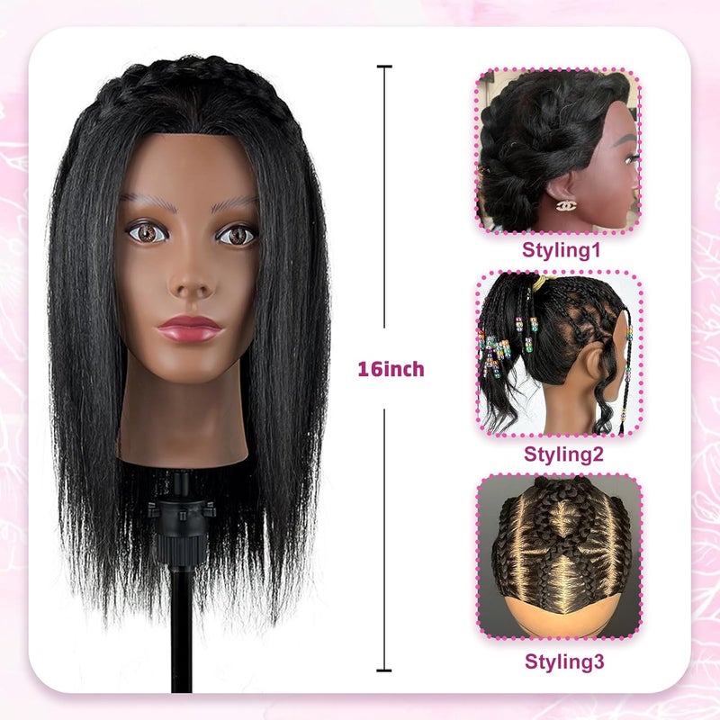 Firstwon 18'' Mannequin Head Human Hair with 100% Real Hair Cosmetology Manikin Doll Head for Hair Styling Mannequin Head for Braiding with Table Clamp Stand and Tools(18Inch-Tripod) - Image 3